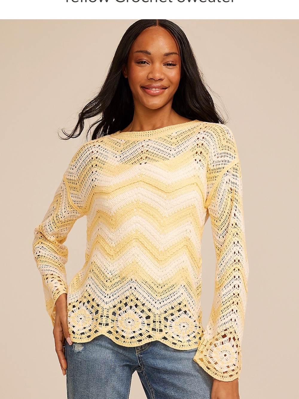 Maurices Yellow & White Crochet Zigzag Knit Pullover